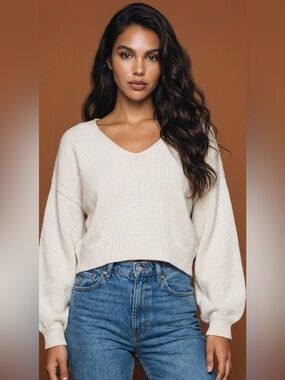 Free People Cream V-Neck Knit Pullover
